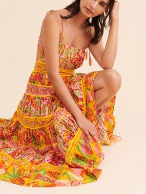 Farm Rio Mixed Fruits Paradise Pink & Yellow Tiered Maxi Dress